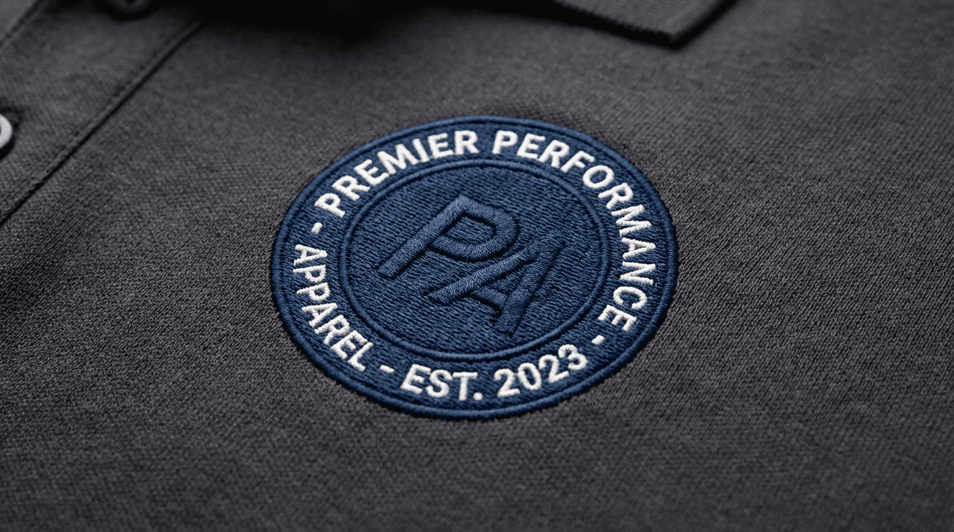 Broderie machine industrielle sur polo, rendu logo en relief haut de gamme